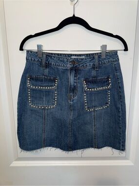 Women's Denim Mini Skirt with Studded Pocket Trim - Blue
